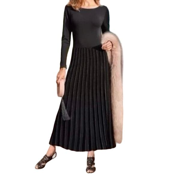 Soft Surroundings Dress XL Black Long Sleeve Midi Pleated Shimmer - Picture 2 of 12